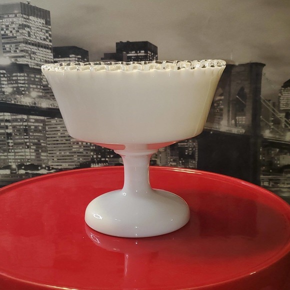 Westmoreland Accents Vintage Westmoreland White Milk Glass Pedestal Candy Dish Ruffled Edge